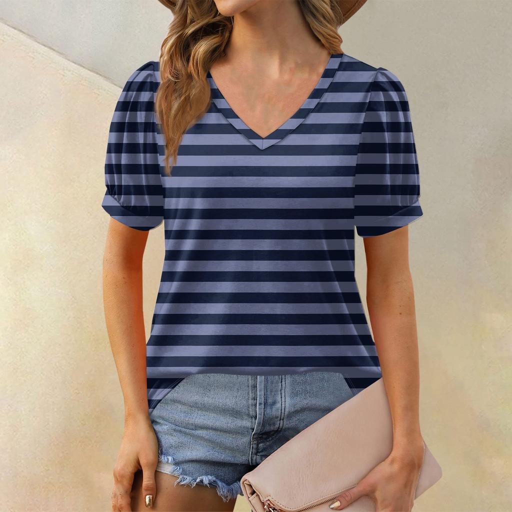 Women's Fashion Striped Printed Top Puff Short Sleeve V-neck T-shirt Loose Casual T-shirt