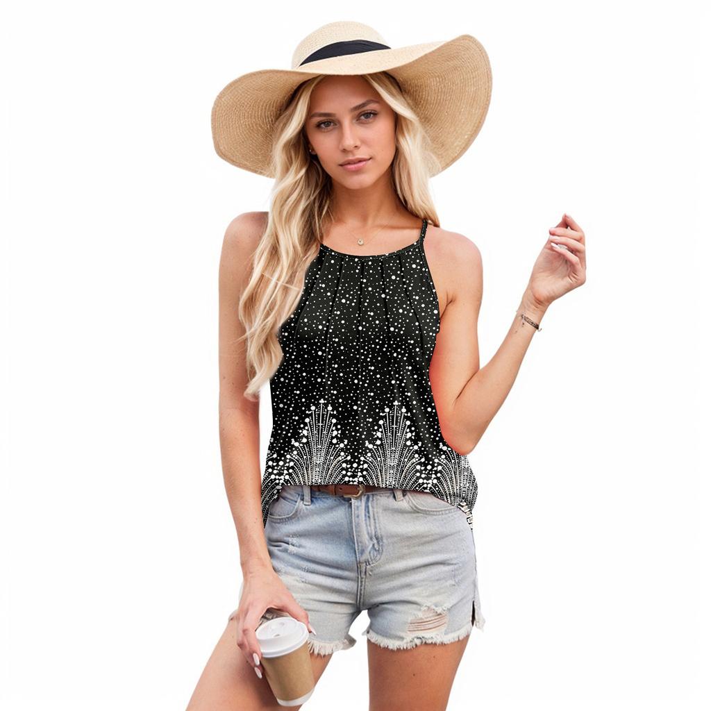 Womens Summer Tank Tops Pleated O Neck Printing Casual Top Tank Tops For Women Loose Fit Sleeveless Shirts