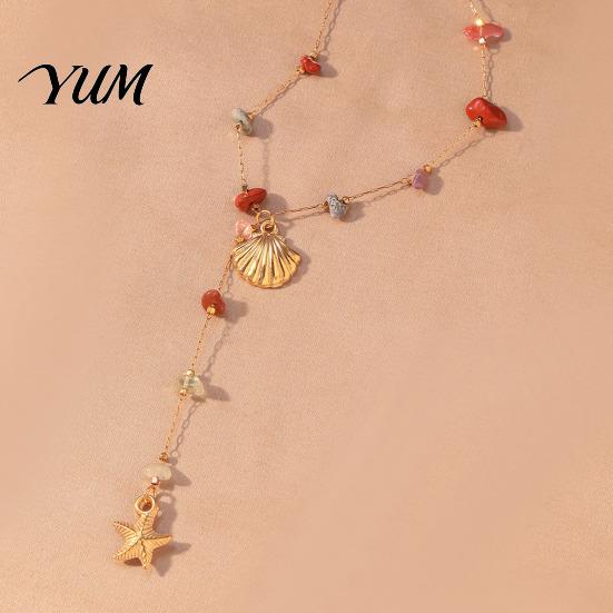 Adjustable Alloy Necklace Women Y-Shaped with Shell Starfish Pendant And Natural Gravel Beads, Chain, Ocean Style Jewelry for Beach Vacation