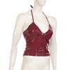 High Street Sexy Babes Chic Beauty Back Camisoles American Style PU Glossy Backless Cropped Trim Tops Fashion V-neck Red Vest
