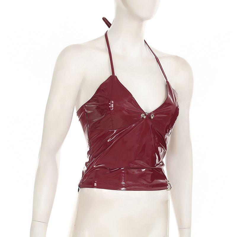 High Street Sexy Babes Chic Beauty Back Camisoles American Style PU Glossy Backless Cropped Trim Tops Fashion V-neck Red Vest
