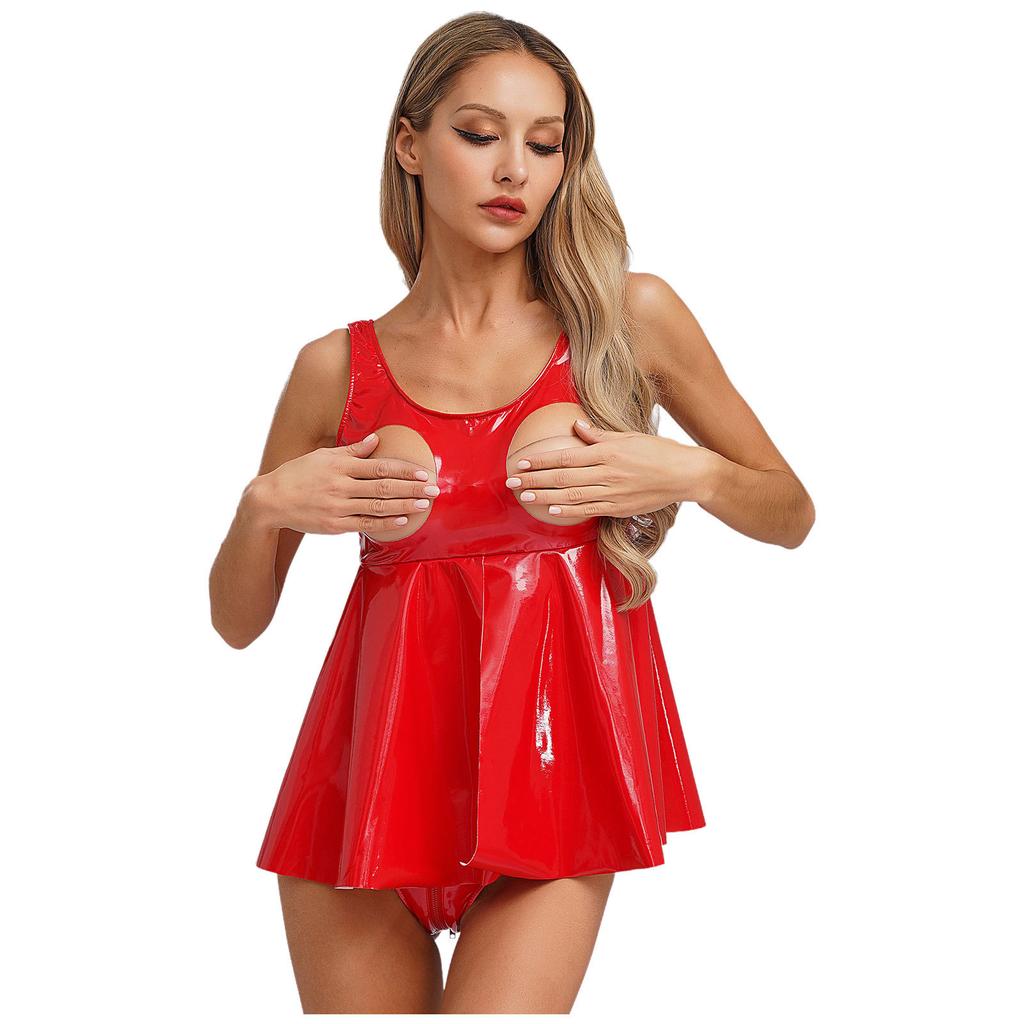 Женский латексный топ с эффектом мокрой кожи, без рукавов, с вырезами спереди, разрезом, оборками, клубная одежда, ночная одежда, рейв-наряд