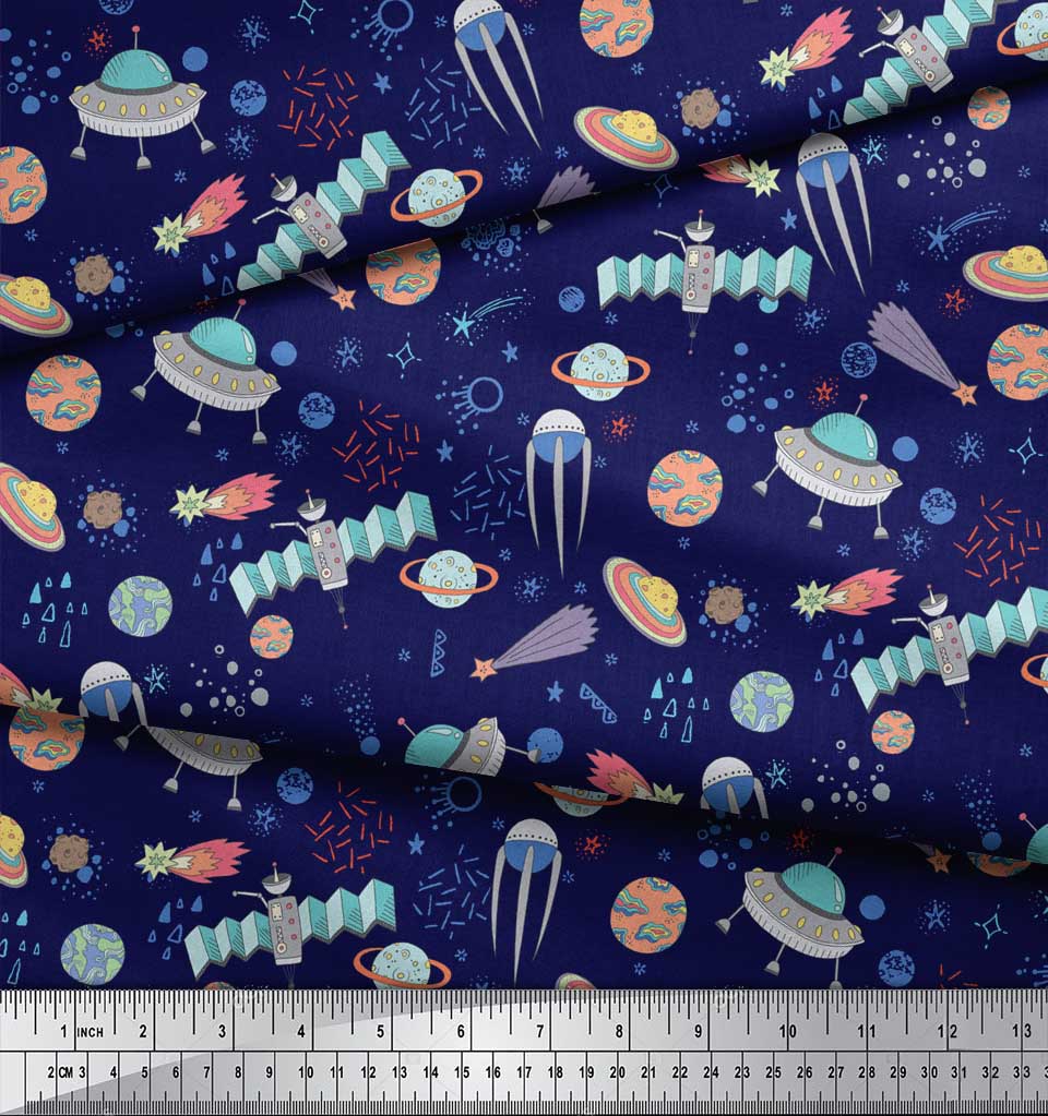Soimoi Зеленая японская креп-сатиновая ткань Ткань с принтом «Спутник и планета Галактика» по метрам, 42 дюйма