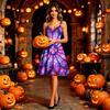 Women’s Halloween Print Dress Sleeveless Spaghetti Strap A-Line Midi Dress with Witch Hat and Skull Pattern for Holiday Parties