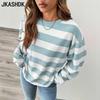 Женская мода повседневная весна осень полосатый принт длинный рукав О-образный вырез блузки и рубашки