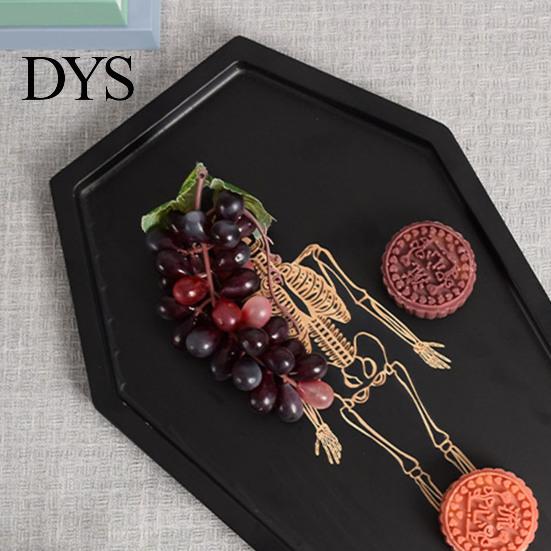 Gothic Storage Tray Halloween Serving with Engraved Skeleton, Wooden Charcuterie Board, Casket Black Vanity Organizer Shape Platter for Party, Spooky