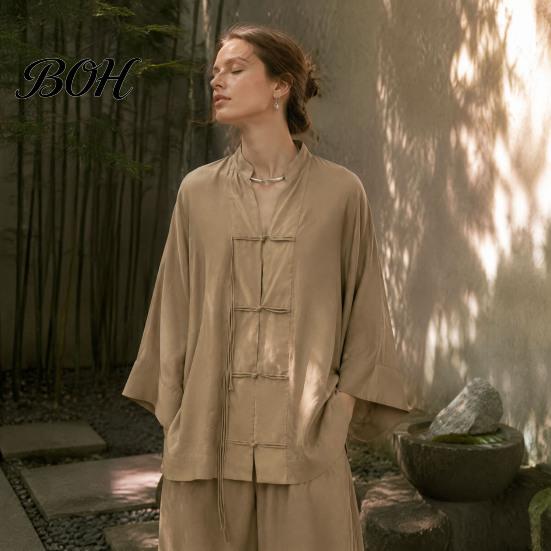 Durable Polyester Blouse Women Stand Collar Shirt, Chinese Frog Button for Early Meditation Clothing Fall, Loose Casual Solid Color Long Sleeve