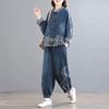 Women Jeans Two Piece Set   Spring Autumn  Vintage Buckle Printed Denim Suit Women Plus Size Pants 2 Piece Set