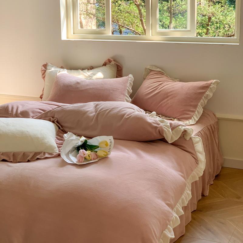 Ins Solid Milk Velvet Four Piece Lace Coral Velvet Quilt Cover Thickened Warm Bed Sheet Flannel Bedding