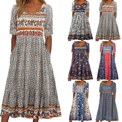 Винтажное женское хлопковое летнее летнее платье-футболка с цветочным принтом, платье миди