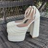 Fashion 2025 Handmade Beaded Thick Heel Round Head Sandals 35-41 High Heel Waterproof Platform Women's Shoes Wedding Dress Luxury Pearl