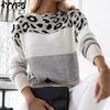 Women's Fashion Casual Fall Winter Leopard Print Long Sleeve O-Neck Tops Women's Clothing Woolen Knitwear Sweaters