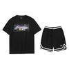 Li Ning Cartoon Pattern Loose Round Neck Short Sleeve T-Shirt And Solid Color Shorts Casual Sports Set Unisex Sets Black AHSUA23-2+YAPV001-1