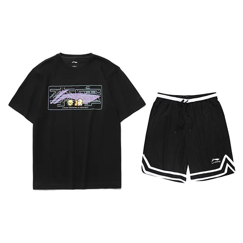 Li Ning Cartoon Pattern Loose Round Neck Short Sleeve T-Shirt And Solid Color Shorts Casual Sports Set Unisex Sets Black AHSUA23-2+YAPV001-1