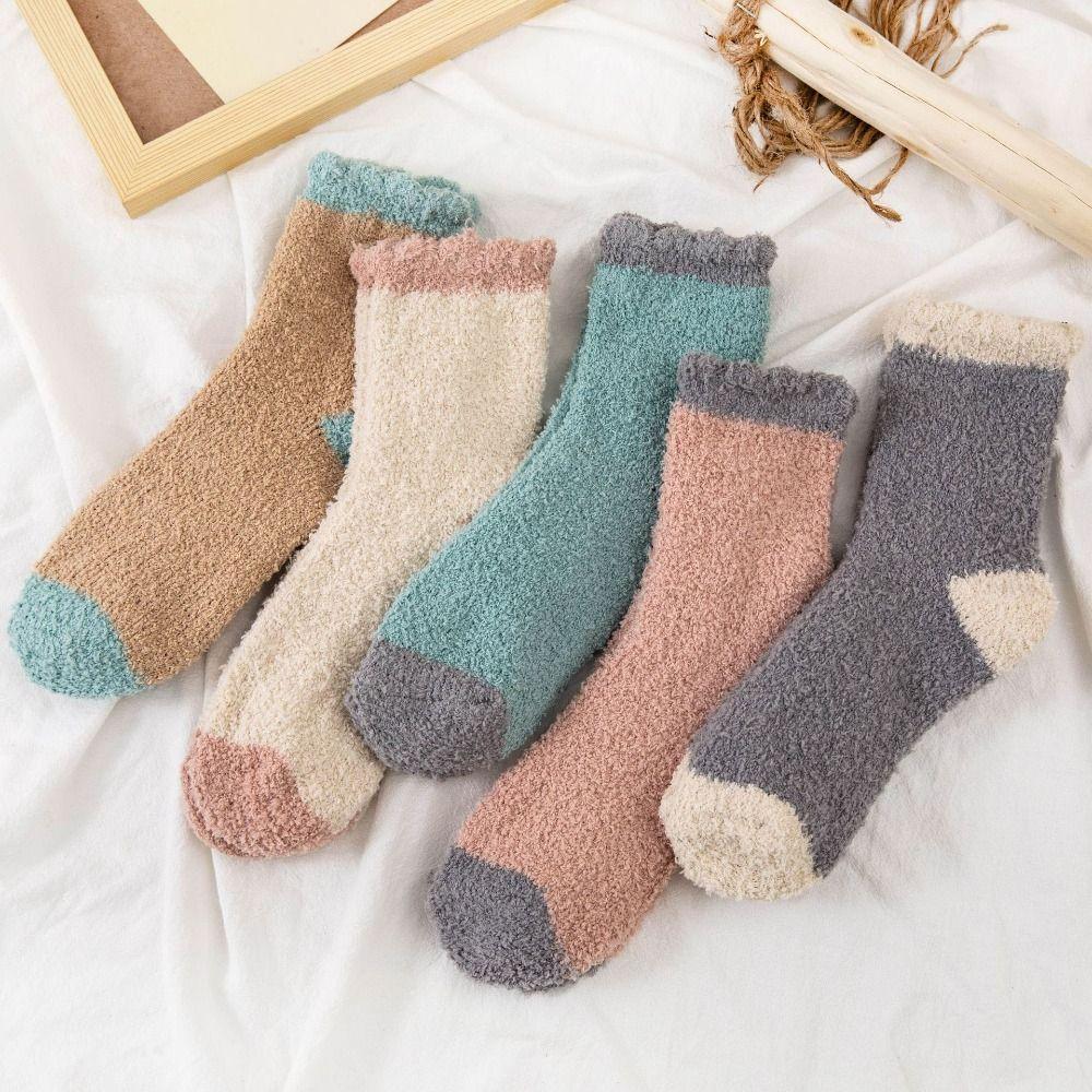 5Pairs Thickened Floor Plush Socks Winter Warm Boat Socks Women Cute Coral Fleece Socks Autumn