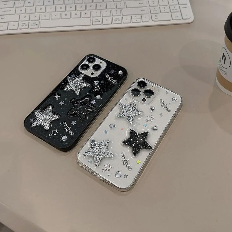 Блестящий чехол со звездами для IPhone 17 16 15 14 13 12 11 Pro Max X XR XSMAX 7 8 Plus Прозрачный черный с 3D звездами и стразами