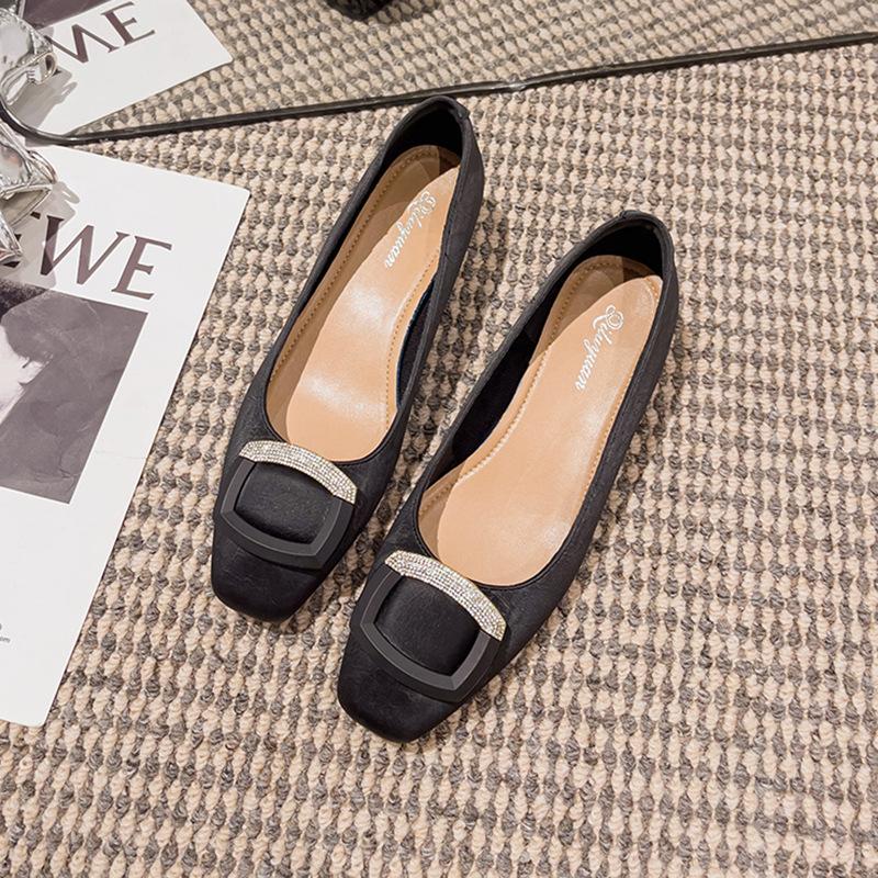 Thick heel light mouth single shoes 2025 new spring and autumn low heels French soft leather square head not tired feet high heels women's black