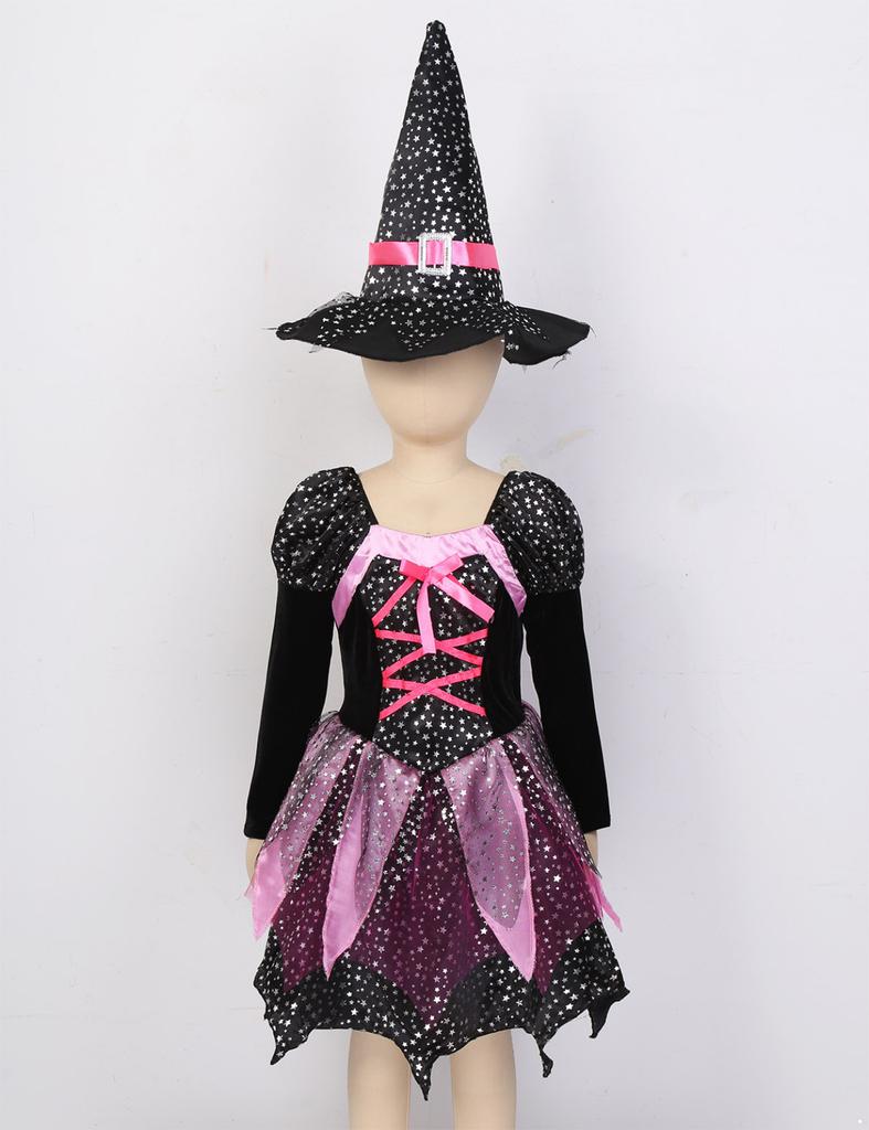 Kids Girls Witch Costume For Halloween Fancy Dress Up Dress With Pointed Hat Wand Candy Bag Set