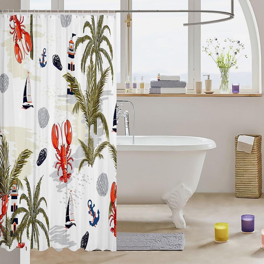 Lighthouse Shower Curtain Lobster Shower Curtain Sets for Teens Young Palm Trees Nautical Sailboat Bathroom Curtains Cartoon