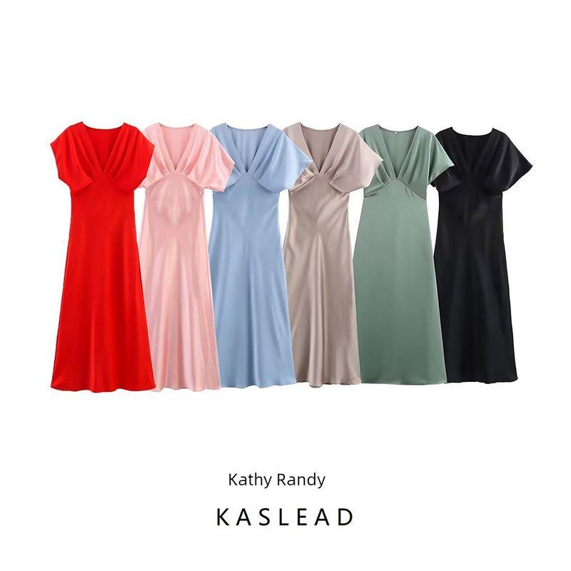 Kaslead New Arrival Women's Clothing Fashion Style Silk Satin Texture Elegant Short Sleeve Midi Skirt Dress 2330399