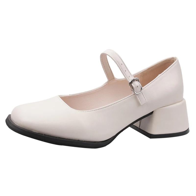 Fashion Red Med Heels Mary Jane Shoes for Women Square Toe Ankle Buckle Pumps Woman Pu Leather Thick Heeled Party Shoes Ladies