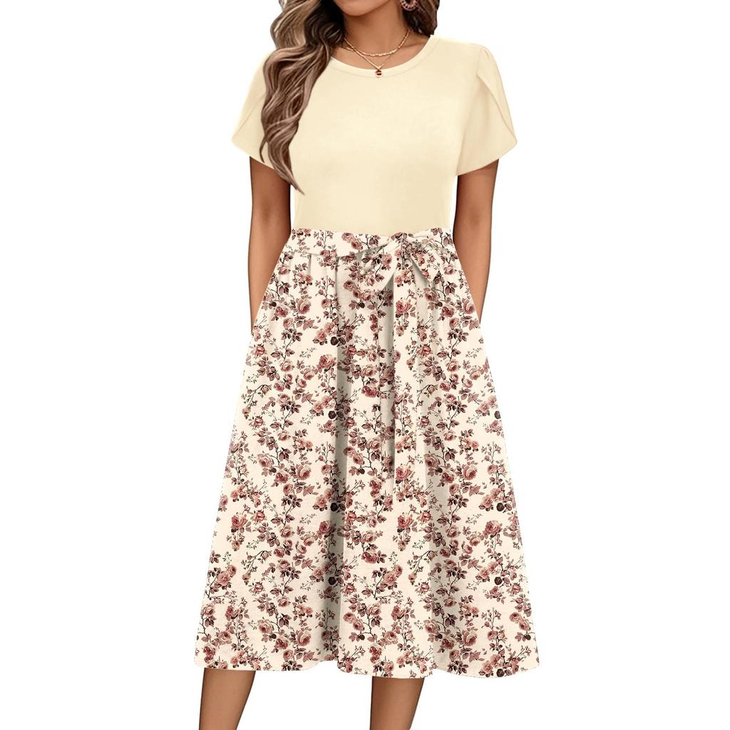 Женское повседневное платье миди с милым узором и круглым вырезом, классическое повседневное свободное платье с коротким рукавом