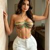 Handmade Multi-Color Crystal Cover up Beaded Bralette Halter Chest Chain Hollow Out Bikini Top Bra for Rave Party Body Jewelry