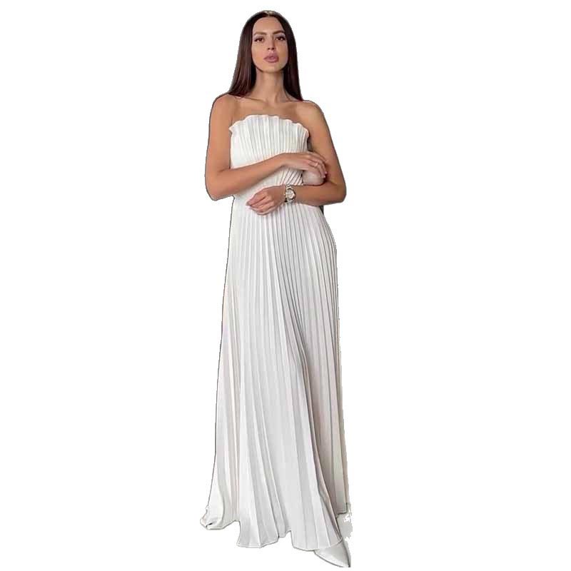 Women's White Strapless Backless Slit Dress with Irregular Pleats and Waist Cinching Design Versatile and Elegant Women's Dress for Daily Wear