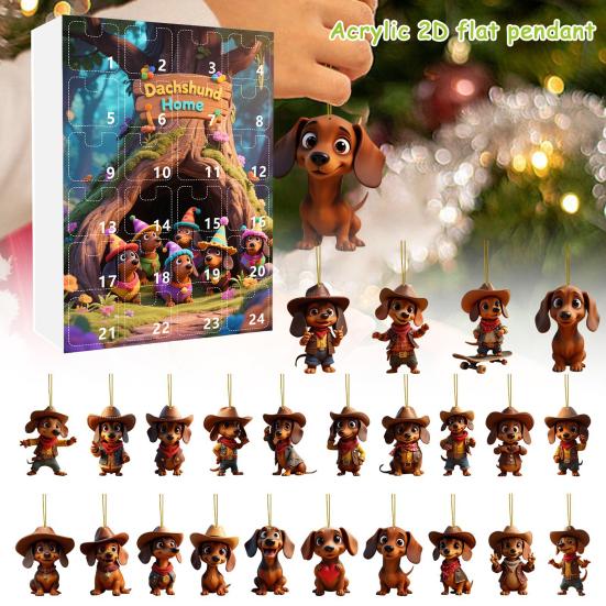Календарь ожидания Рождества с собакой таксой 2025 24 дня Календарь обратного отсчета до Рождества с 2D акриловыми подвесными украшениями в виде таксы для декора елки