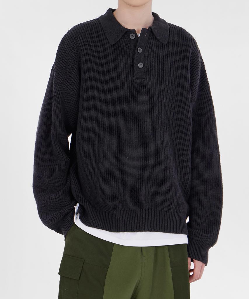 GLW Classic Collar Henley Neck Sweater Knit Black