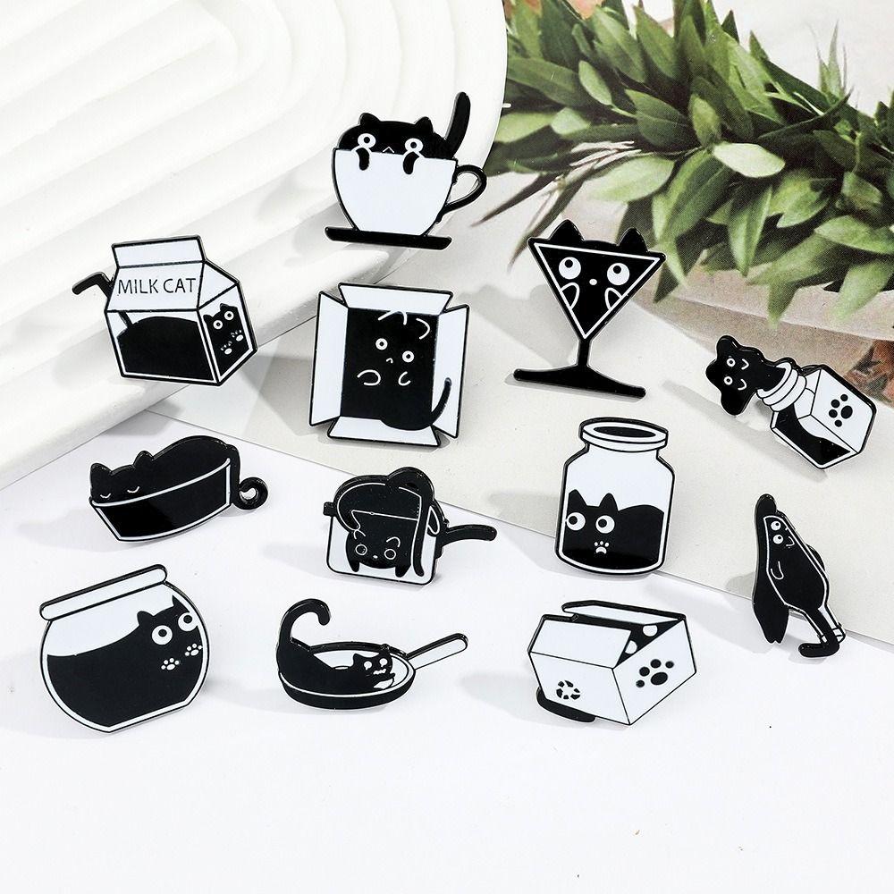 Жидкая Серия Кошек Черный Кот в Чашке с Водой Брошь Банка Кот Металлический Значок Аксессуары для Одежды