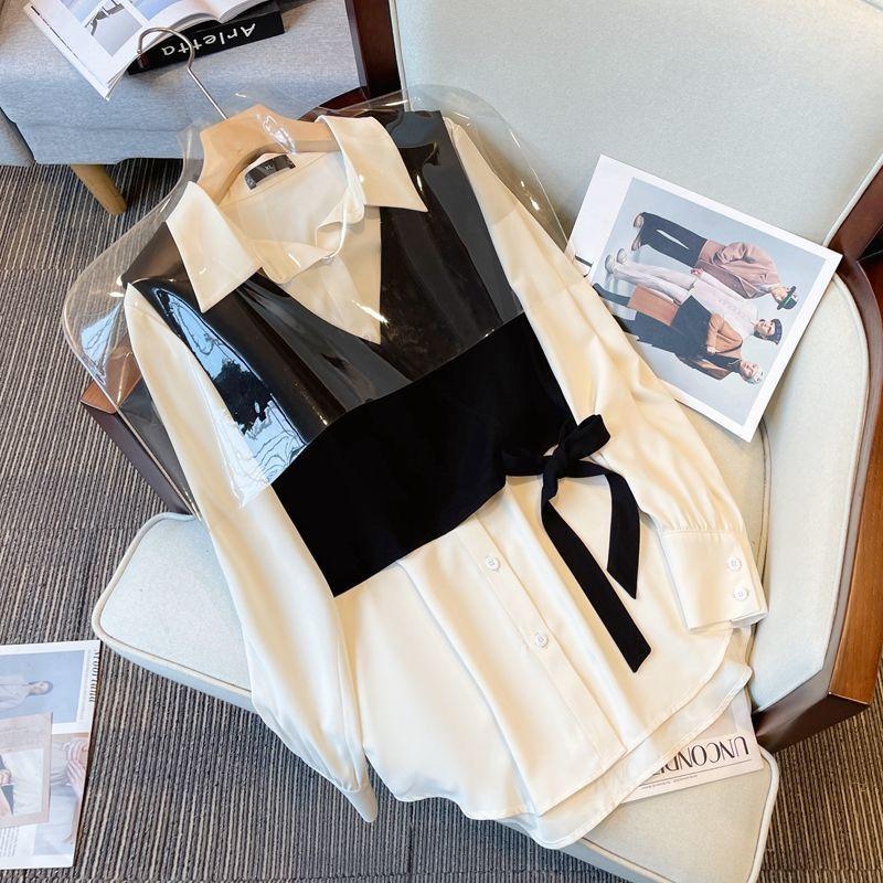 New French Style Top for Women with A Niche Design, Unique Splicing, Fake Two-piece Shirt Trend