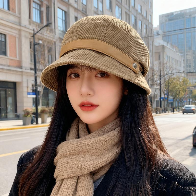 Autumn and Winter Corduroy Fisherman Hat Women's New One Hat Multi Wear Top Hat Casual Versatile Warm Beret Trend