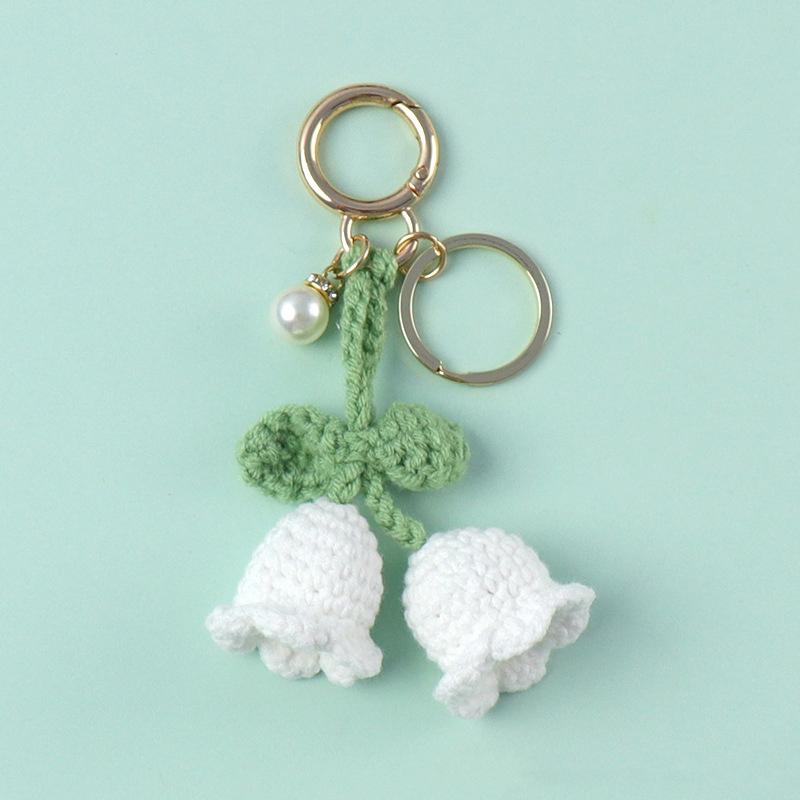 Women Bell Orchid Keychain With Bell Cute Crocheted Handbag Charms Wind Chimes Flower Keyring Bag Pendants Handmade Knitted