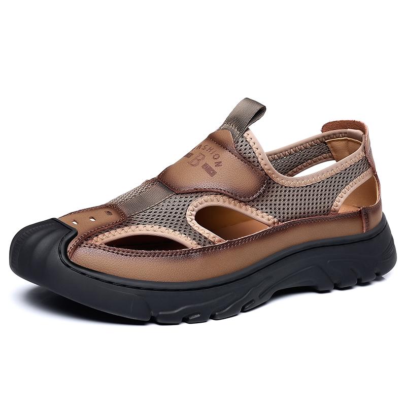 Повседневные кожаные мужские сандалии в стиле ретро, летняя обувь с вырезами, модная повседневная пляжная обувь для отдыха на открытом воздухе, дышащая мужская обувь для ходьбы