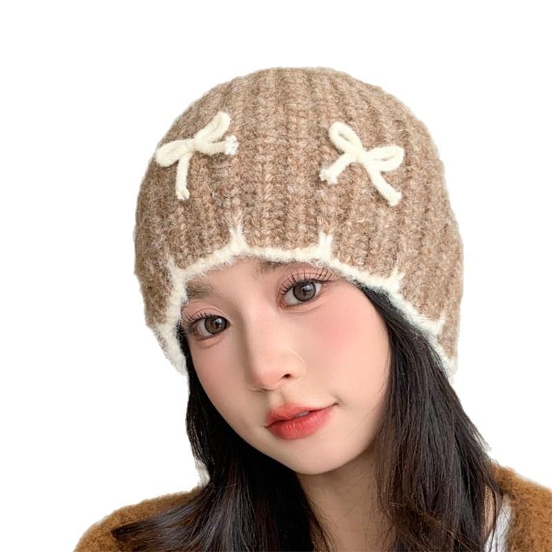 Versatile bow wool hat women's autumn and winter casual warm windproof big head circumference showing face small bag head knitted hat