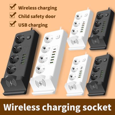 Беспроводная зарядная сетевая розетка EU – Многопортовая USB и PD розетка, Удлинитель с кабелем, Встроенное беспроводное зарядное устройство