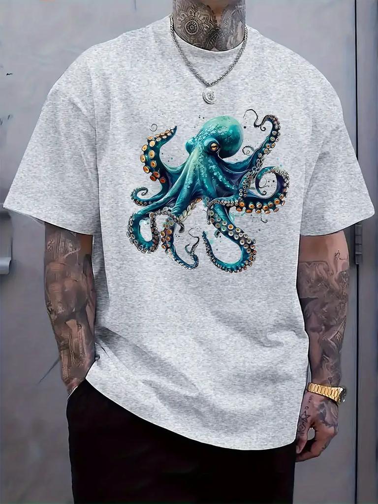 Light Gray Casual T-shirt with Vibrant Blue Octopus Print – Soft Polyester Blend