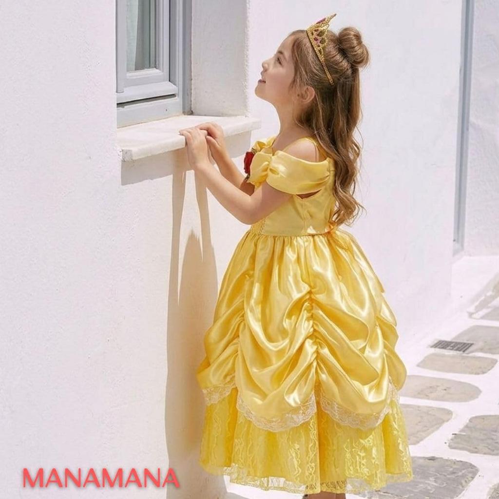Beauty and the Beast Belle Kids Princess and Stick Costume Princess Fancy Size 130 [MANAMANA] Dress, Dress, Tiara, 3-Piece Set, Yellow, Girls'
