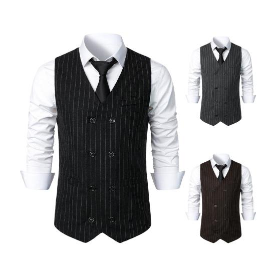 Men Suit Waistcoat V-Neck Sleeveless Striped Print Double Breasted Suit Vest with Patch Pockets Wedding Business Vest