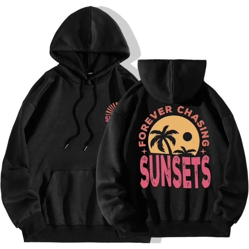 Women's Warm Casual Top Sunset Style Fashionable Printed Hoodie Back Letter Slogan Drawstring Hoodie