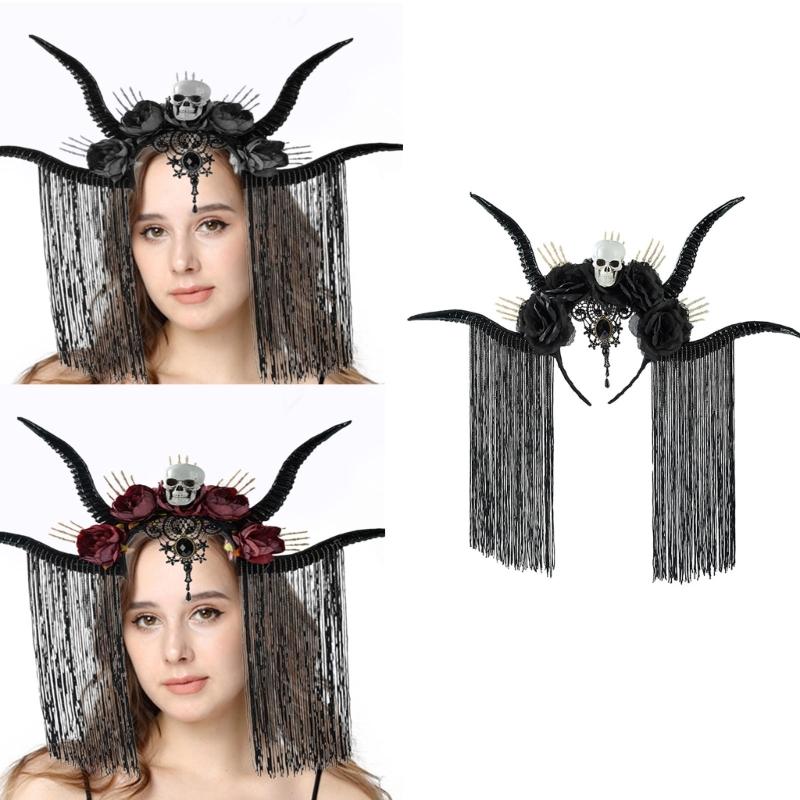 Dark Series Skull Antelope Horn Hairband With Skull Flower Design For Halloween Costume Party Dressingup Accessories