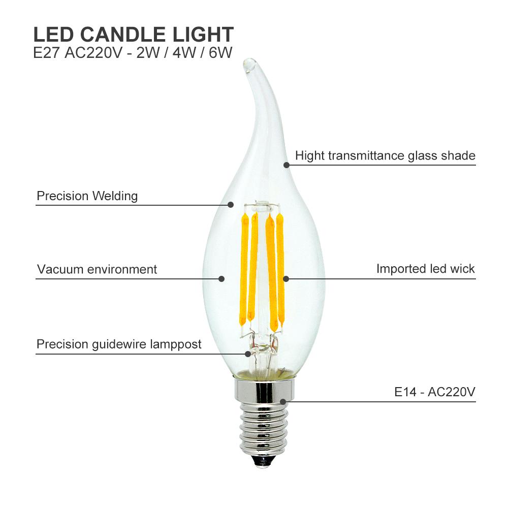 1pcs E14 LED Filament Lamp C35L Type Glass Candle Bulb 220V 2W 4W 6W Replace 20W 40W Halogen Light Chandeliers