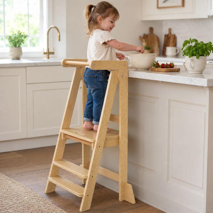 GINGER HOME Tour Montessori Enfant Pliable, Learning Tower en Bois Massif Naturel, Marchepied Cuisine Sécurisé, 51x37x92 cm