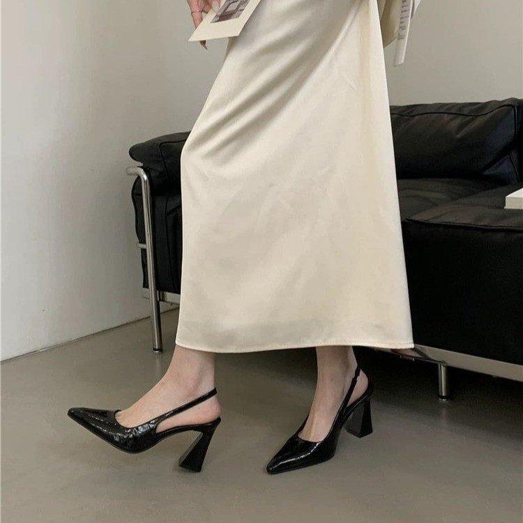2025 New Spring and Summer French Green with Skirt Pointed High Heels Women's Thick Heels Single Shoes Empty Bag Head Sandals