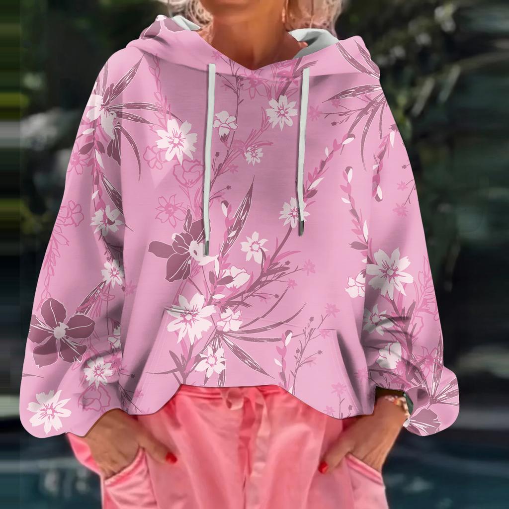 Женский худи свободного кроя с цветочным принтом и длинными рукавами