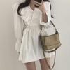 Spring Autumn Vintage V-neck Ruffles Waist Mini Dress Women Flare Long Sleeve Casual Fashion Robe Vestidos