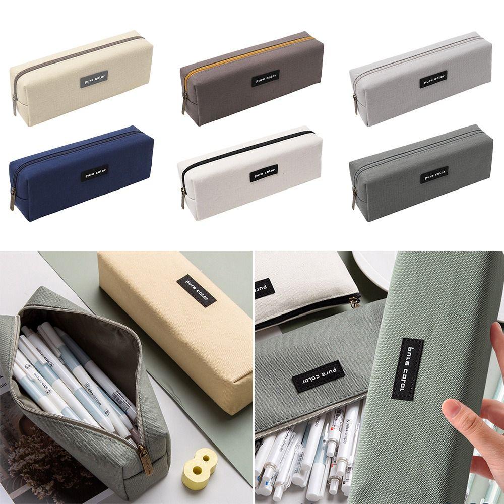 Pure Color Zipper Canvas Stationery Holder Box Pen Bag Pencil Pouch Pen Case