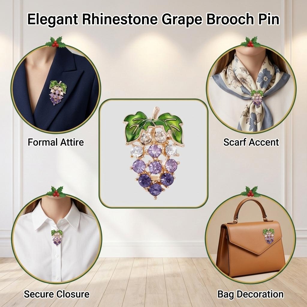 Rhinestone Grape Brooch Pin Zinc Alloy KC Gold Plated For Clothes Scarf Bag Decoration
