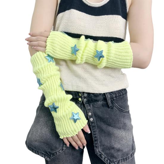 Вязаные митенки для девочек, длинные перчатки до запястья без пальцев, зимние нарукавники со звездой и отверстием для большого пальца для женщин, уличная одежда, вечеринки